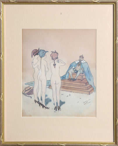 Three Nudes with King Watercolor | Unknown Artist,{{product.type}}