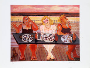 Three Women Eating Oysters at Beach Lithograph | Stephen Basso,{{product.type}}