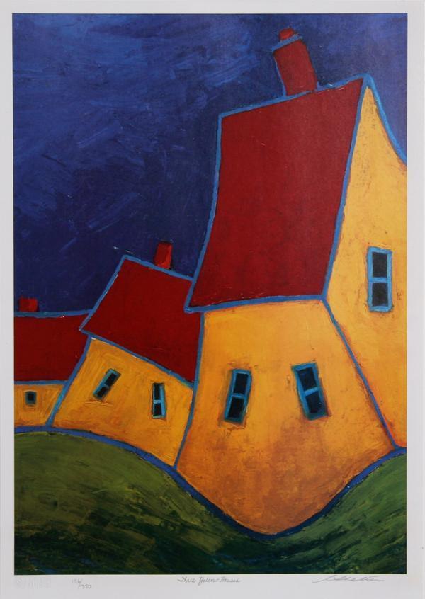 Three Yellow Houses Lithograph | Carol Ann Shelton,{{product.type}}