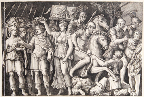 Trajan entre la ville de Rome et la Victoire Etching | Marcantonio Raimondi,{{product.type}}