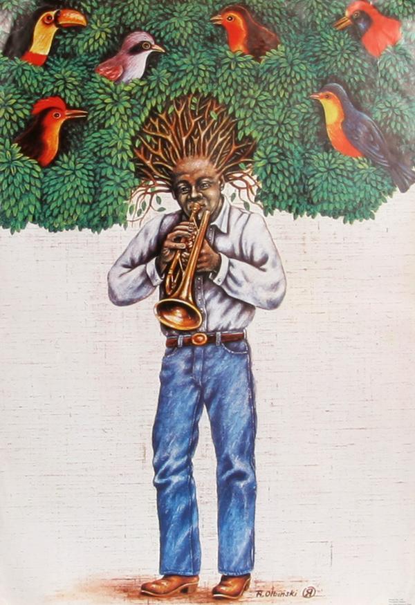 Trumpet Player with Birds Poster | Rafal Olbinski,{{product.type}}