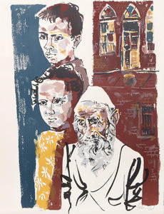 Two Boys and a Rabbi from People in Israel Lithograph | Moshe Gat,{{product.type}}