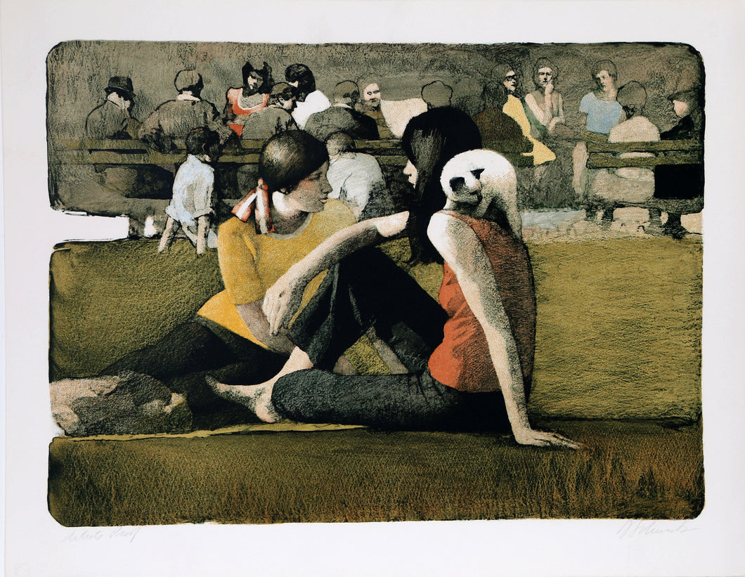 Two Girls in the Park with Cat Lithograph | Daniel Bennett Schwartz,{{product.type}}