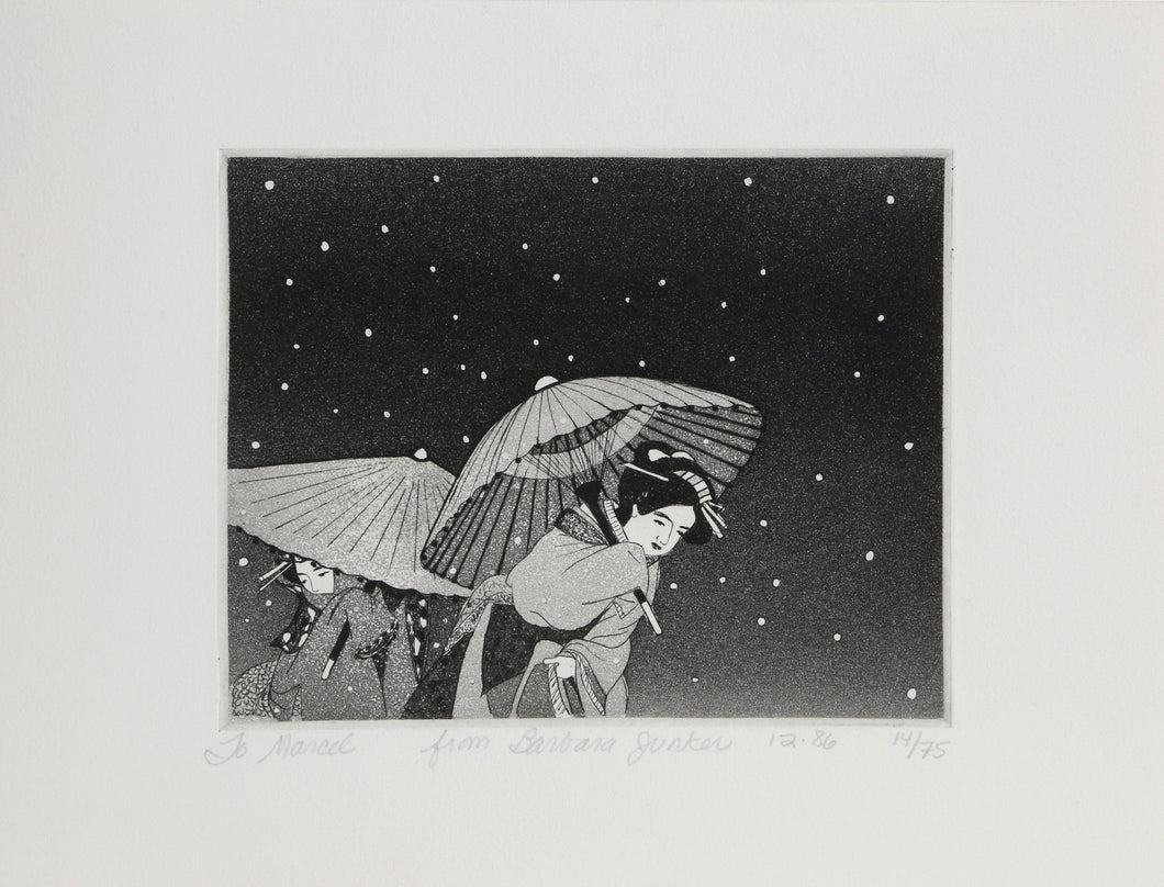 Two Japanese Women with Umbrellas Etching | Barbara Junker,{{product.type}}