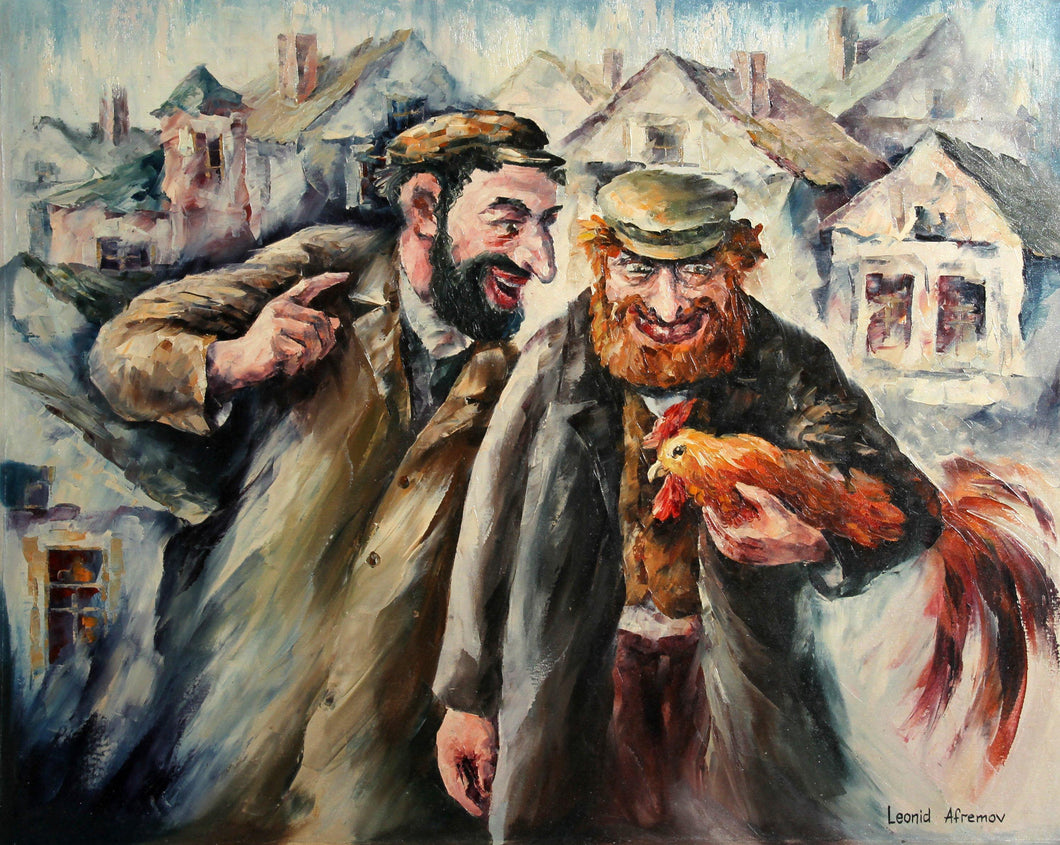 Two Men in the Market with Rooster III Oil | Leonid Afremov,{{product.type}}