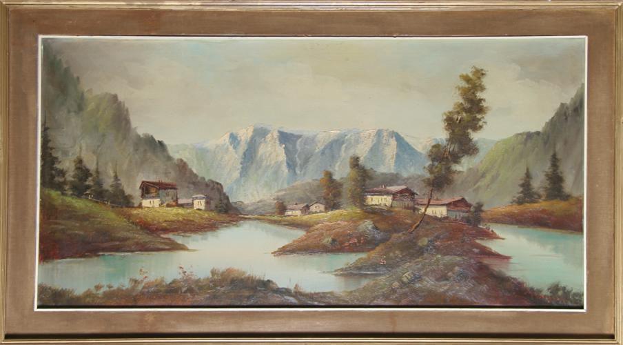 Two Rivers Mountain Landscape Oil | Unknown Artist,{{product.type}}