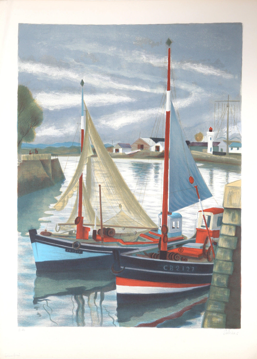 Two Sailboats in Harbor Lithograph | Laurent Marcel Salinas,{{product.type}}
