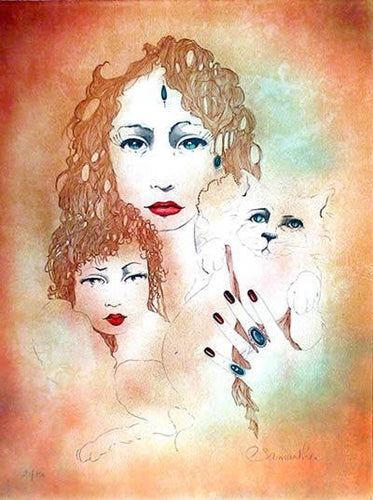 Two Women and Cat Lithograph | Unknown Artist,{{product.type}}