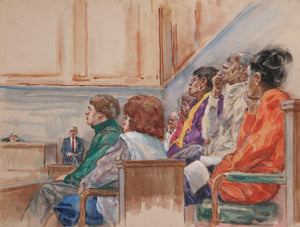 Untitled - 10 Figures, Jurors, Judge in Green Chair Watercolor | Marshall Goodman,{{product.type}}