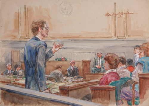 Untitled - 12 Figures, Lawyer with Glasses from behind Watercolor | Marshall Goodman,{{product.type}}