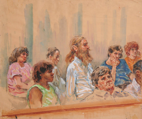 Untitled - 8 Figures, Jurors, Bearded Man with Pony Tail Watercolor | Marshall Goodman,{{product.type}}