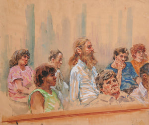 Untitled - 8 Figures, Jurors, Bearded Man with Pony Tail Watercolor | Marshall Goodman,{{product.type}}