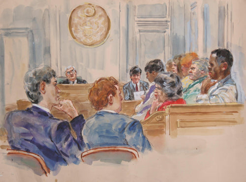 Untitled - Blue Background, chin in hand Watercolor | Marshall Goodman,{{product.type}}