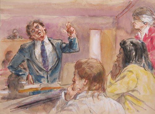 Untitled - Five Figures, Dramatic Lawyer with Purple Tie Watercolor | Marshall Goodman,{{product.type}}