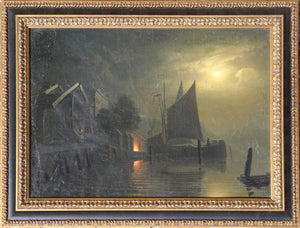 Untitled - Sailboat Docks (Night) Oil | Petrus van Schendel,{{product.type}}