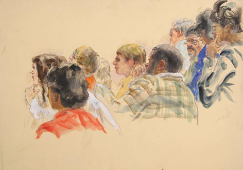 Untitled - Ten Jurors, Woman in Red in Foreground Watercolor | Marshall Goodman,{{product.type}}