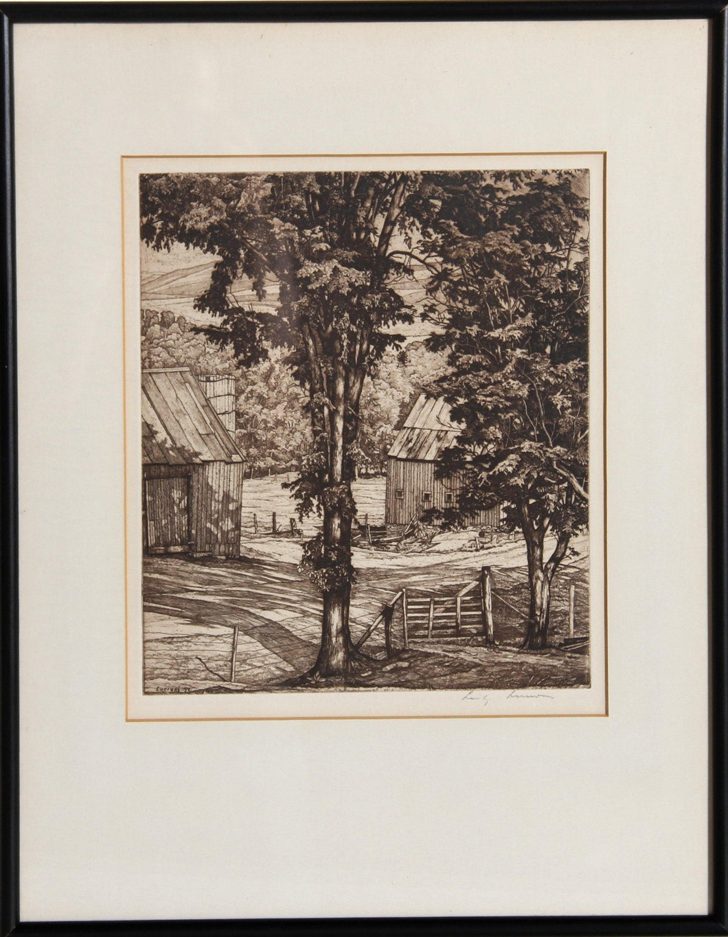 Untitled - Two Barns Behind Trees Etching | Luigi Lucioni,{{product.type}}