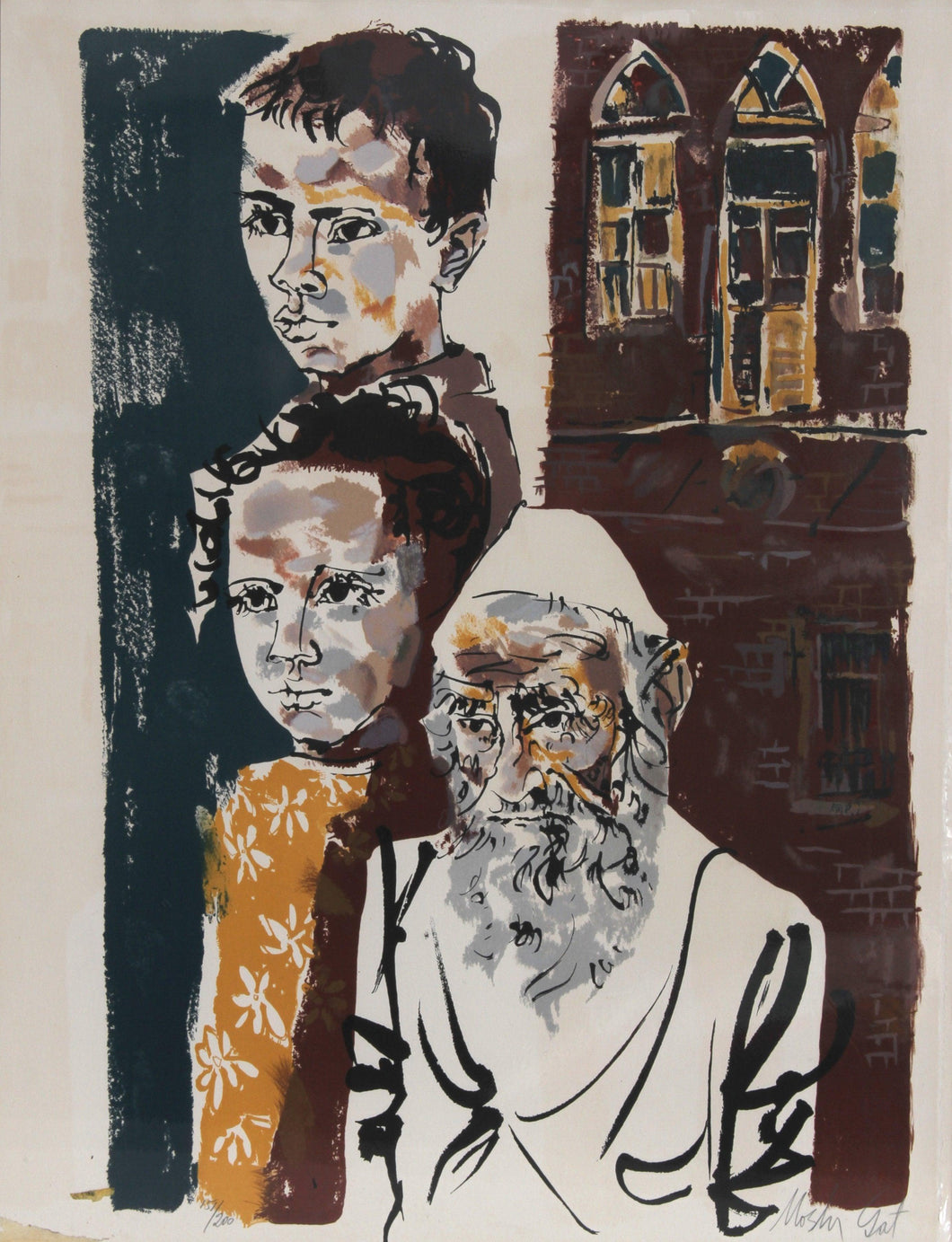 Untitled -  Two Boys and Rabbi Lithograph | Moshe Gat,{{product.type}}