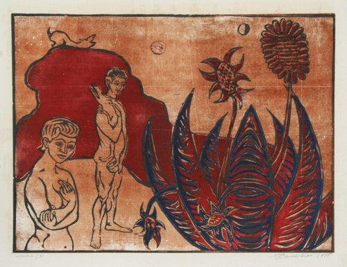 Untitled - Two Nudes and Two Dogs Woodcut | Martin Barooshian,{{product.type}}