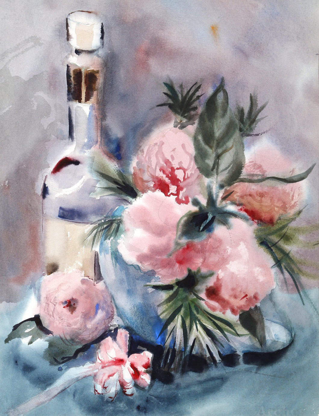 Vase of Pink Flowers (P3.22) Watercolor | Eve Nethercott,{{product.type}}