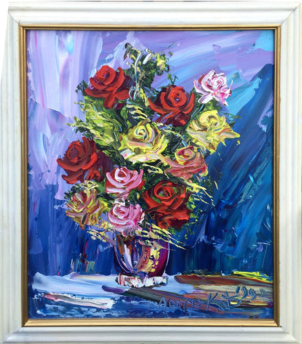 Vase of Yellow, Pink and Red Roses Oil | Morris Katz,{{product.type}}