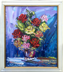 Vase of Yellow, Pink and Red Roses Oil | Morris Katz,{{product.type}}