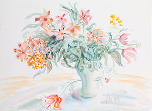 Vase with Pink Flowers Watercolor | Unknown Artist,{{product.type}}