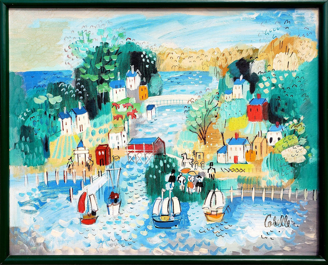 Village Sailing Scene with Covered Bridge Acrylic | Charles Cobelle,{{product.type}}
