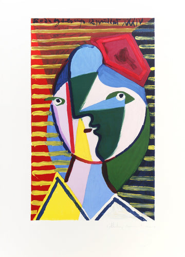 Visage de Femme sur Fond Raye Lithograph | Pablo Picasso,{{product.type}}