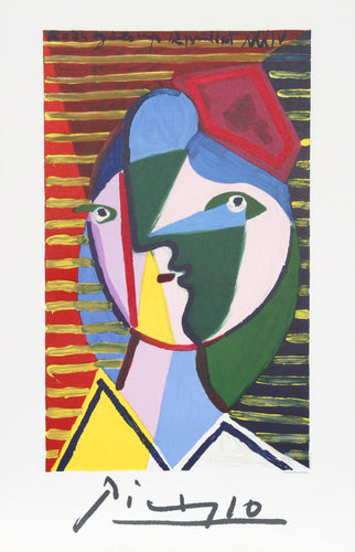 Visage de Femme sur Fond Raye Lithograph | Pablo Picasso,{{product.type}}