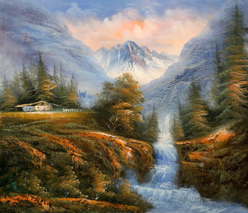 Waterfall with Cabin in Autumn Forest (3) Oil | Shumu Fu,{{product.type}}