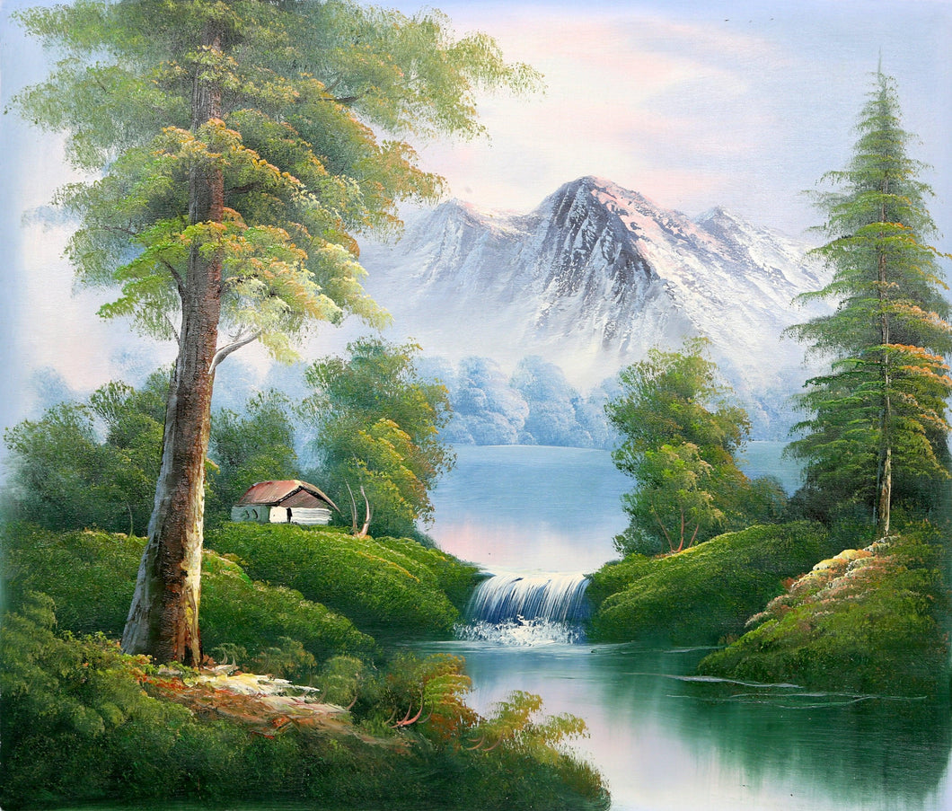 Waterfall with Cabin in Forest (2) Oil | Shumu Fu,{{product.type}}