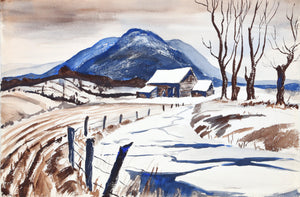 Winter Farm Landscape (P3.30) Watercolor | Eve Nethercott,{{product.type}}