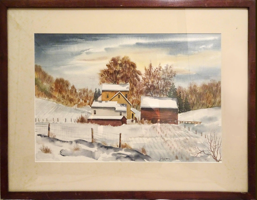 Winter Farm Landscape Watercolor | Emil Ganso,{{product.type}}