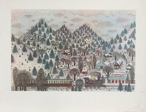 Winter Mountain Village with Train Poster | Cuca Romley,{{product.type}}