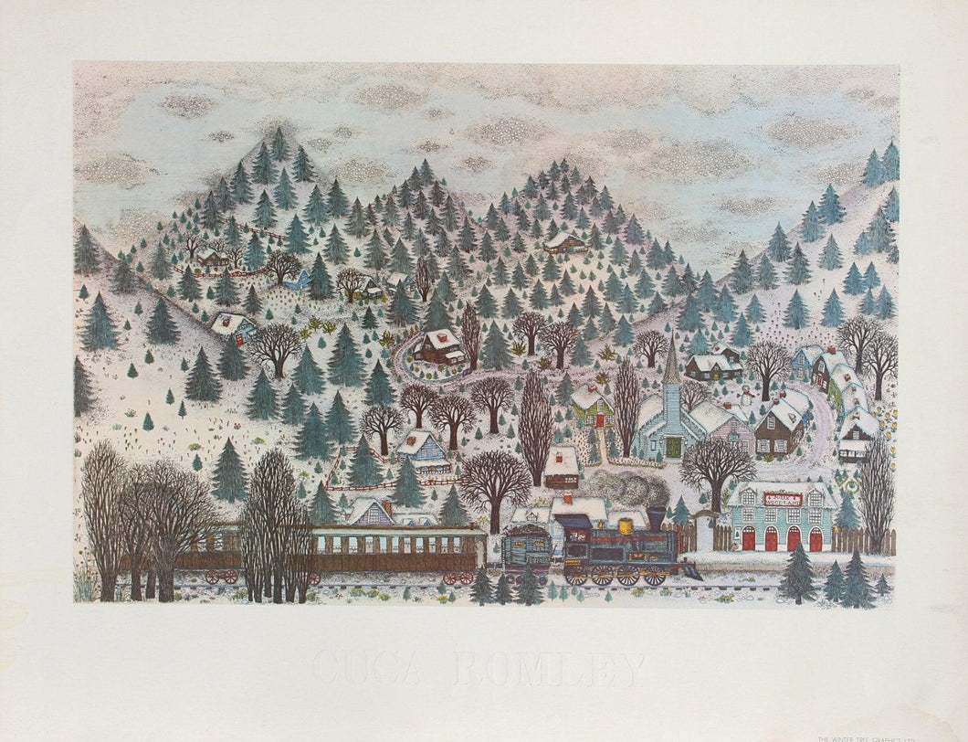 Winter Mountain Village with Train Poster | Cuca Romley,{{product.type}}