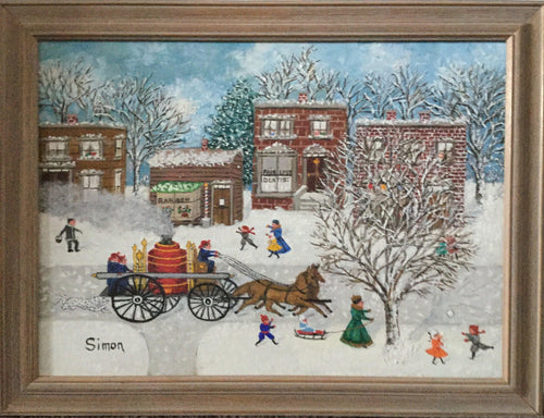 Winter Village Scene with Fire Truck Oil | Mollie Simon,{{product.type}}