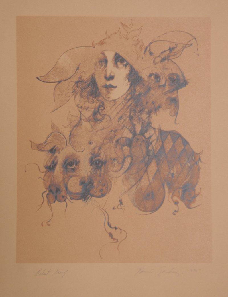 Woman and Dog - II Lithograph | Ramon Santiago,{{product.type}}