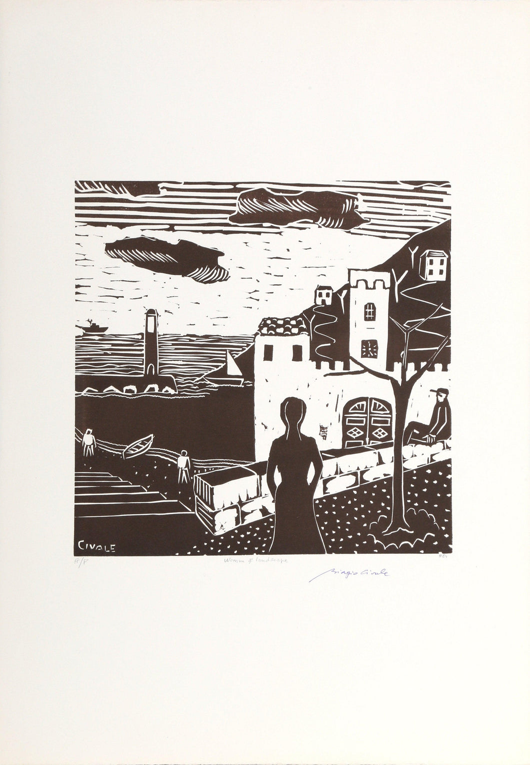 Woman and Landscape Woodcut | Biagio Civale,{{product.type}}
