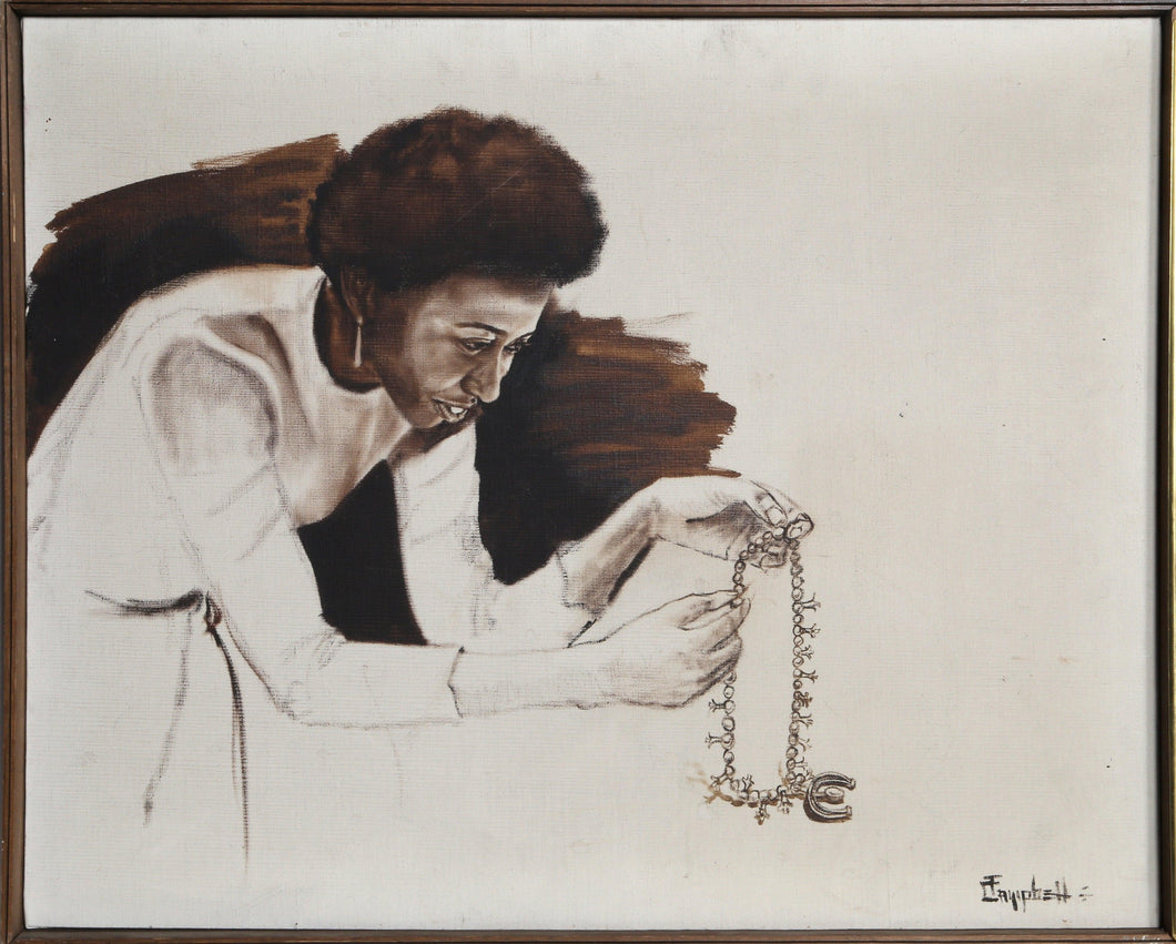 Woman Fixing Necklace Oil | T. Campbell,{{product.type}}