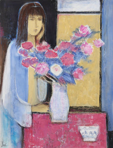 Woman in Blue with Flowers Acrylic | Jose Canes,{{product.type}}
