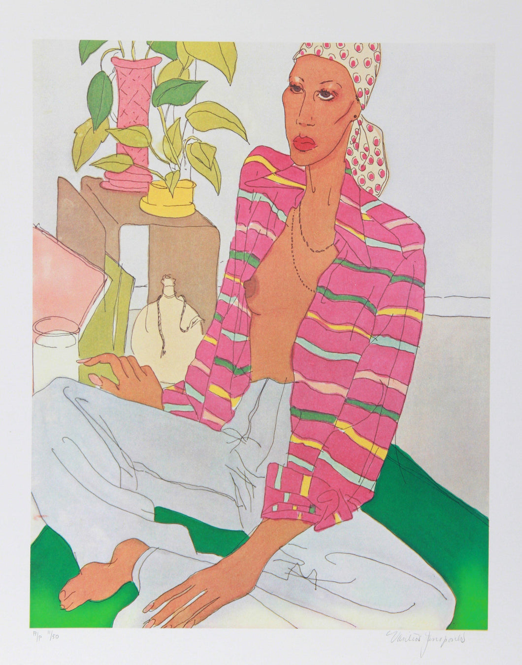 Woman in Pink Shirt Lithograph | Vasilios Janopoulos,{{product.type}}