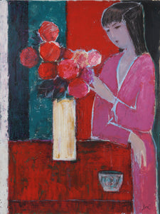 Woman in Pink with Red Flowers Acrylic | Jose Canes,{{product.type}}