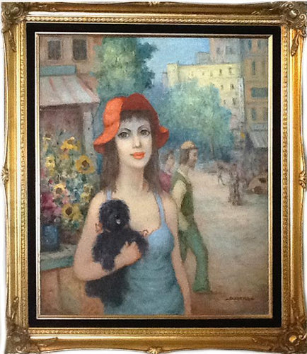 Woman in Red Hat with Black Dog Oil | Hajnacka Szarka,{{product.type}}