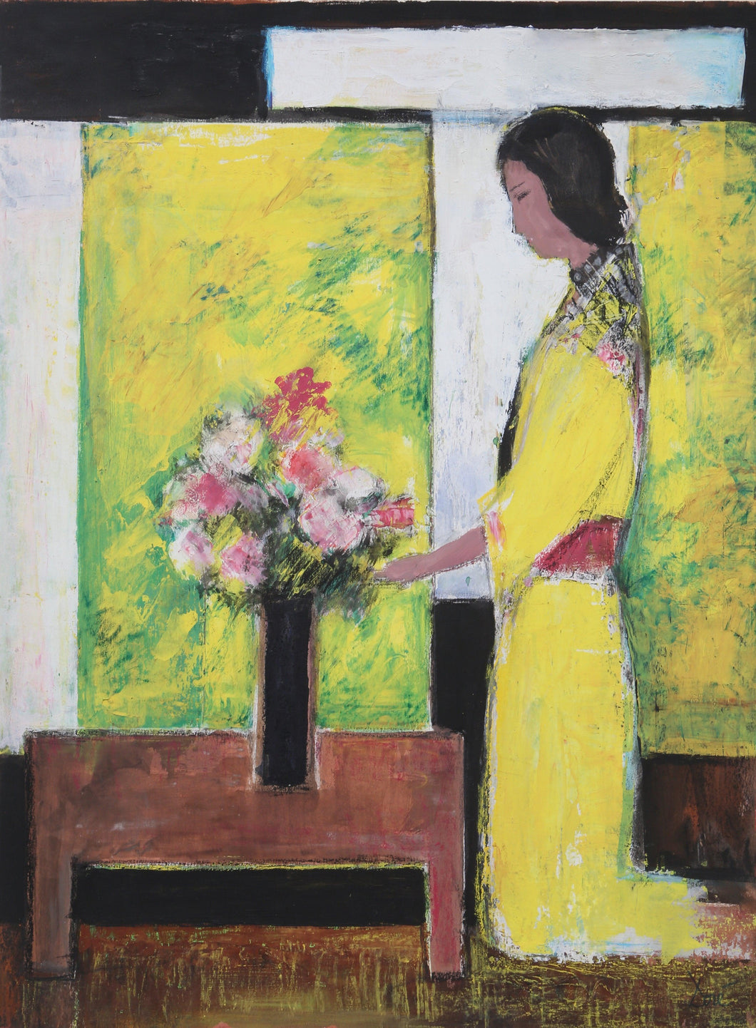 Woman in Yellow with Flowers Acrylic | Jose Canes,{{product.type}}
