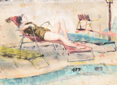 Woman Lounging by Pool Watercolor | Marshall Goodman,{{product.type}}