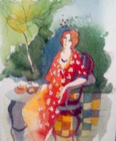 Woman on Patio (In Memoriam) Watercolor | Itzchak Tarkay,{{product.type}}