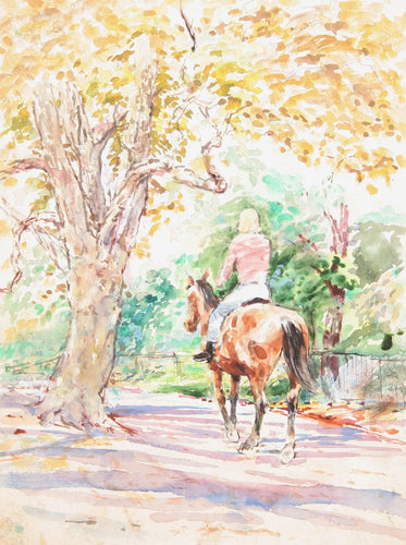 Woman Riding Horse in Park Watercolor | Marshall Goodman,{{product.type}}