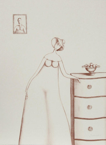 Woman with Apples (Sepia) Lithograph | Branko Bahunek,{{product.type}}