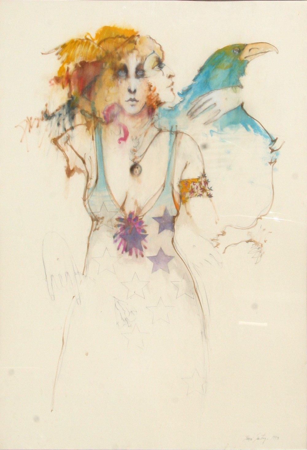 Woman with Bird Watercolor | Ramon Santiago,{{product.type}}